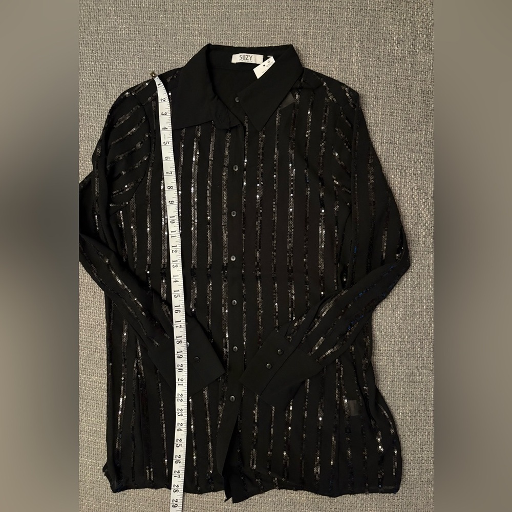 Suzy Shier Black Sheer Sequin Button-Down Dress – Size Small - Picture 7 of 10